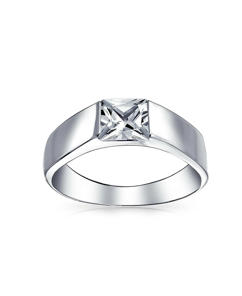 Bling Jewelry Modern Simple Cz Square Cubic Zirconia Princess Cut Promise Ring Pinky Ring Sterling Silver Plain Band