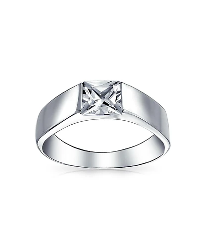 Bling Jewelry Modern Simple Cz Square Cubic Zirconia Princess Cut Promise Ring Pinky Ring Sterling Silver Plain Band