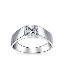Bling Jewelry Modern Simple Cz Square Cubic Zirconia Princess Cut Promise Ring Pinky Ring Sterling Silver Plain Band