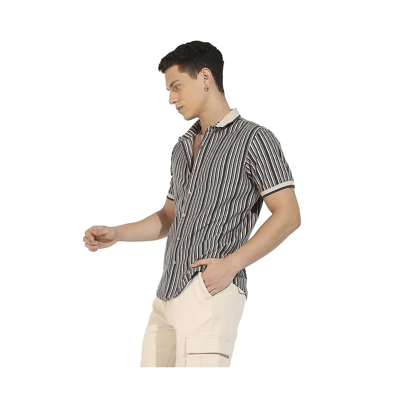 Campus Sutra Men's Light Grey & Navy Blue Contrast Knitted Shirt