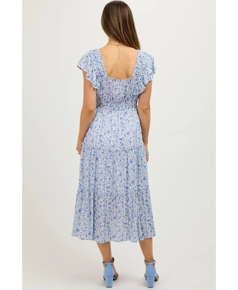 Pinkblush Blue Floral Front Ruched Ruffle Shoulder Tiered Maternity Midi Dress