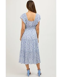 Pinkblush Blue Floral Front Ruched Ruffle Shoulder Tiered Maternity Midi Dress