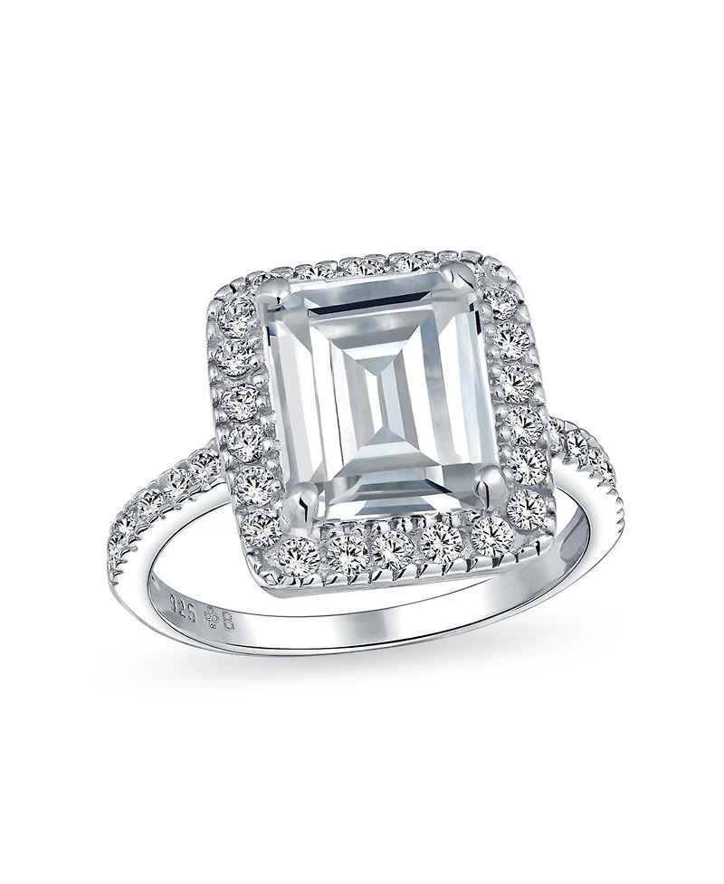 Bling Jewelry Art Deco Style 5CT Statement Cz Halo Emerald Cut Solitaire Promise Ring 1MM Pave Band Sterling Silver