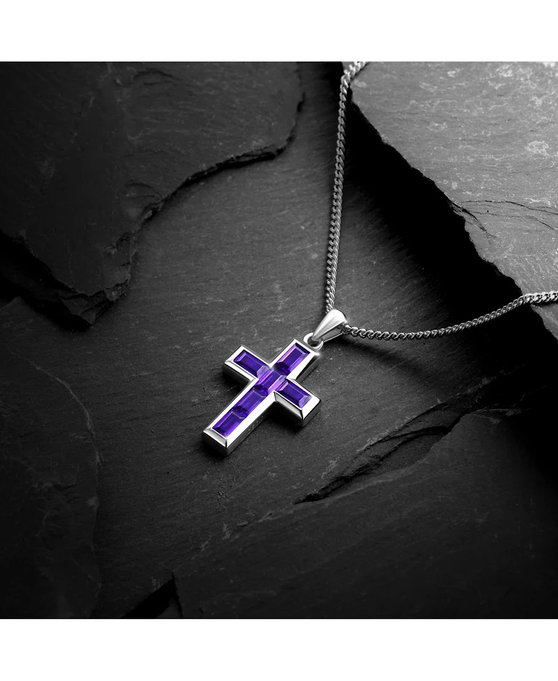 Vincero Men's Stone Cross Pendant - Amethyst - Silver Necklace