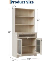 gaomon Kitchen Pantry Cabinet, 62 Inch Freestanding Hutch Cupboard with Large Countertop, Glass Doors, Drawer and Adjustable Shelves, Microwave Cabine