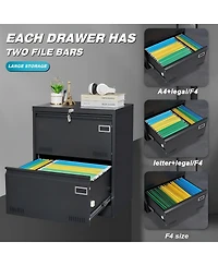 Filing Cabinet Lateral File 2 Drawer with Lock Metal Cabinets Three Office for Legal/Letter/A4/F4