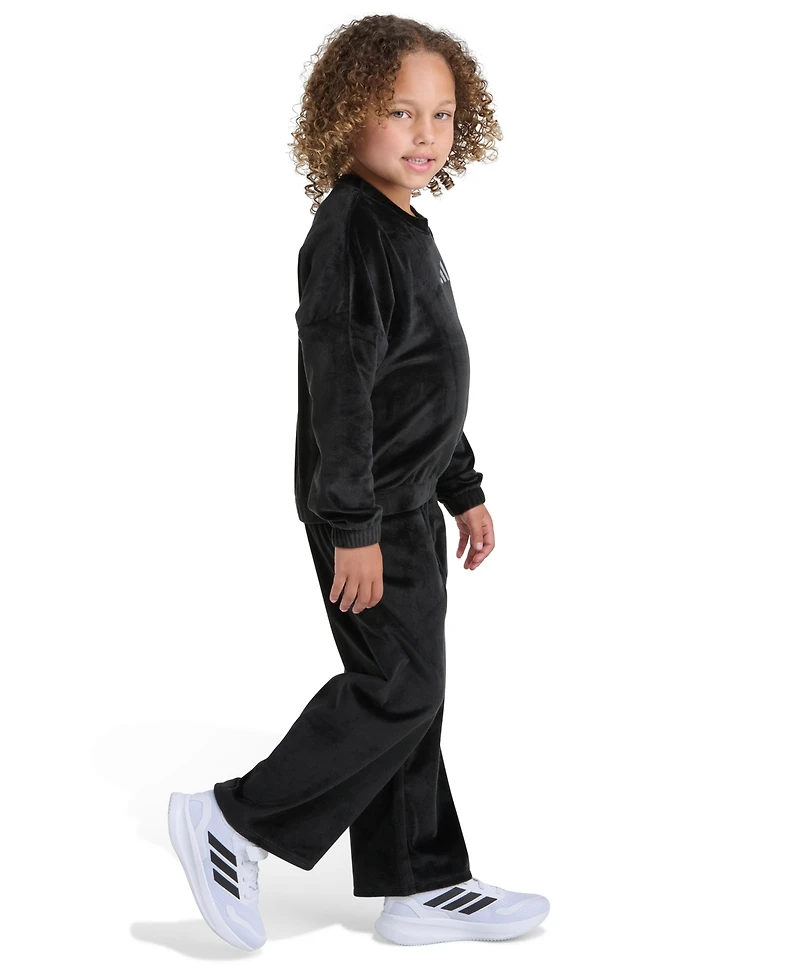 Adidas Toddler and Little Girls Two Piece Crewneck Velour Sweatshirt Wide Leg Pants Set