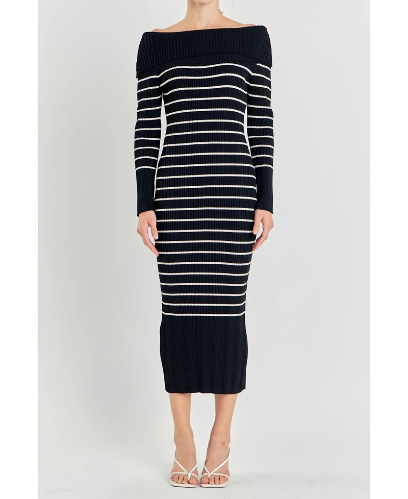 endless rose Women's Off Shoulder Fold Striped Maxi Dress