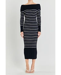 endless rose Women's Off Shoulder Fold Striped Maxi Dress