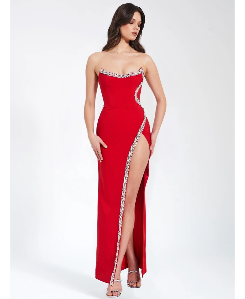 Miss Circle Women's Xoana Red Crystal Embellished High Slit Gown
