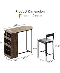 gaomon Bar Table and Chairs Set for 2, Pub Table and Chairs Set, 3 Piece Table Set with Three Tier Storage Shelf for Living Room, Dining Room, Small A