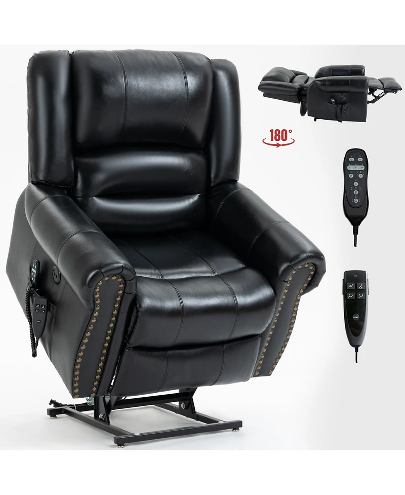 Clihome Power Lift Recliner Chair Heat Massage Dual Motor Infinite Position Up to 350 Lbs Genuine Leather Heavy Duty Motion Mechanism with Usb Ports B