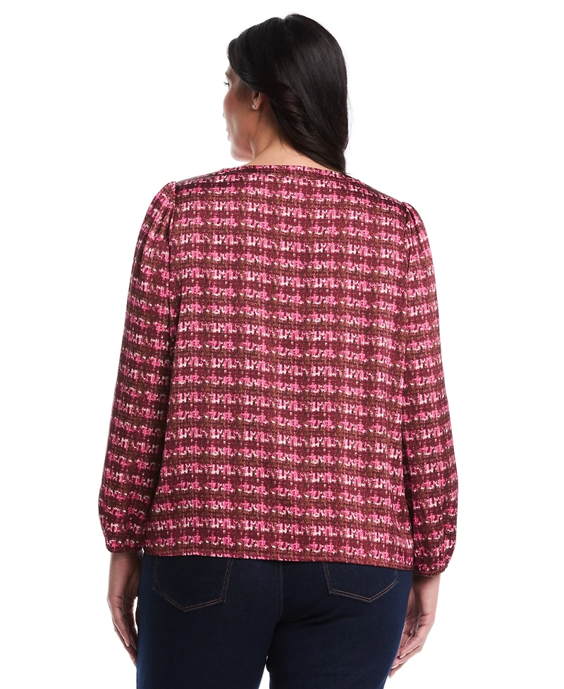 Rafaella Plus Crosshatch Print Split Neck Long Sleeve Popover Top