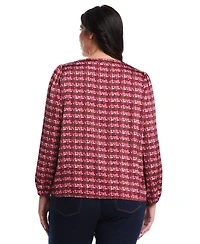 Rafaella Plus Crosshatch Print Split Neck Long Sleeve Popover Top