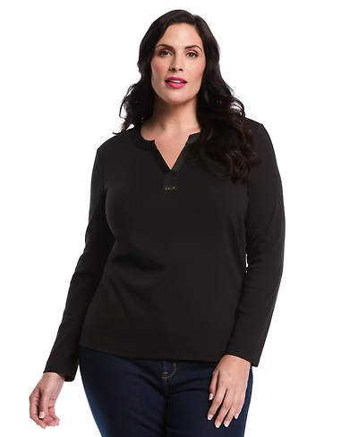 Rafaella Plus Woven Trim Split V-Neck Long Sleeve Top