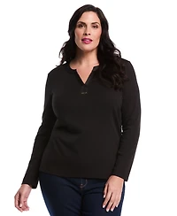 Rafaella Plus Woven Trim Split V-Neck Long Sleeve Top