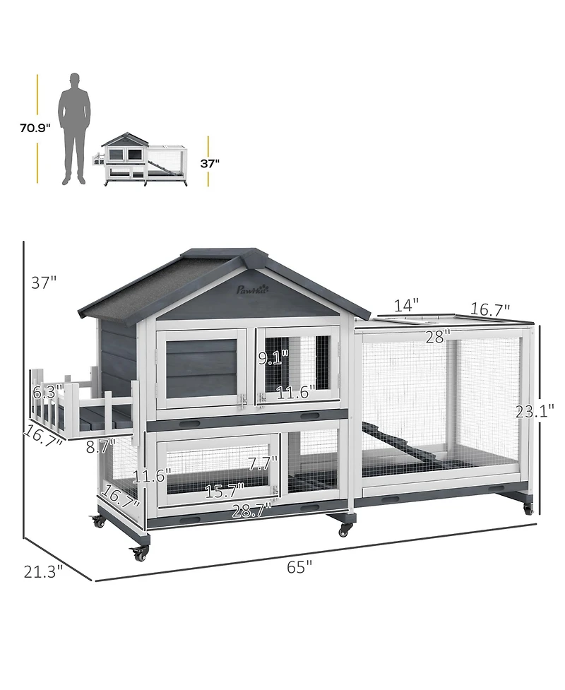 PawHut Wooden Rabbit Hutch with Wheels, Openable Roof, Storage Box
