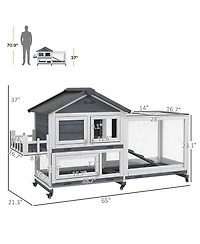 PawHut Wooden Rabbit Hutch with Wheels, Openable Roof, Storage Box
