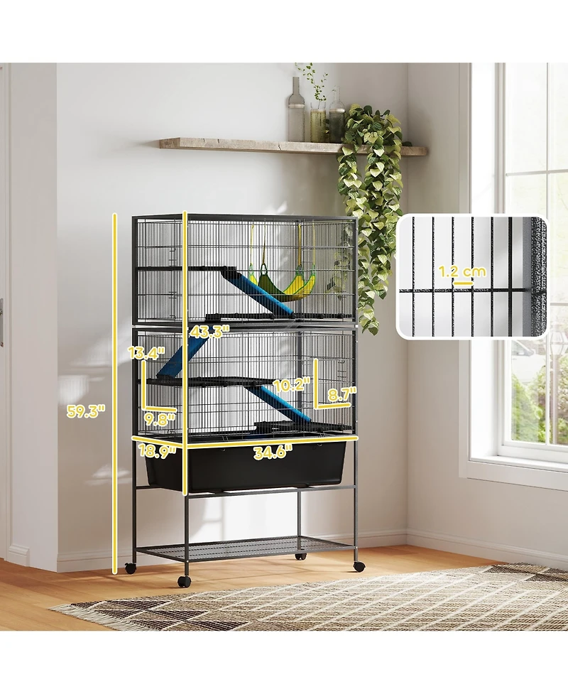 PawHut 59" 5-Level Rolling Small Animal Cage w/ Deep Tray, Non-Slip Ramps