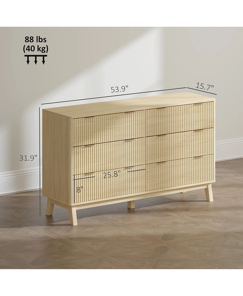 Homcom 6 Drawer Dresser for Bedroom, Fluted Chest of Drawers