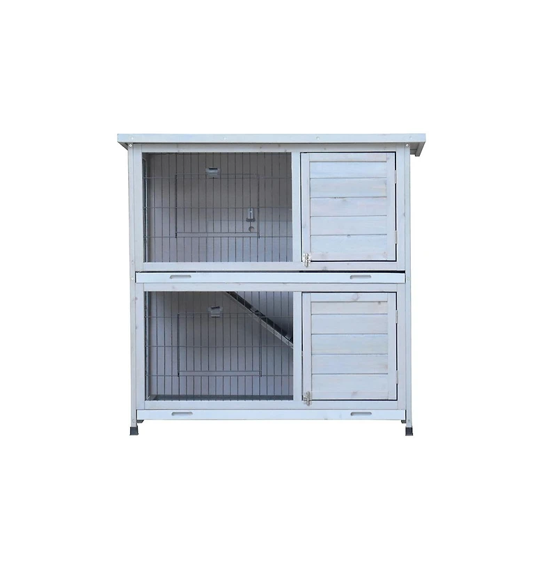 Aostirmotor 41" Outdoor Wooden Rabbit Hutch with 2 Removable No-Leak Trays Non-Slip Ramp Waterproof Roof in Gray