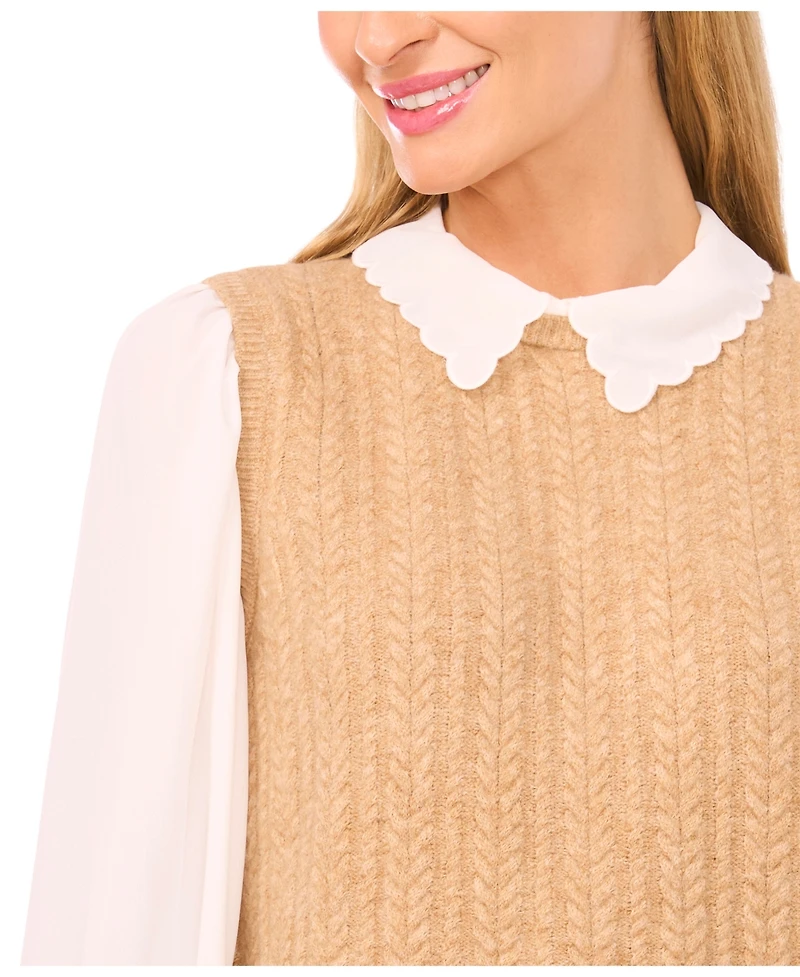 CeCe Women's Scallop Edge Twofer Long Sleeves Sweater