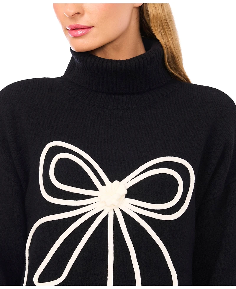 CeCe Women's Embroidered Ribbon Turtleneck Sweater