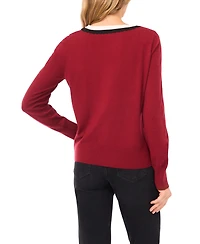 CeCe Women's Contrast Collar V-Neck Sweater