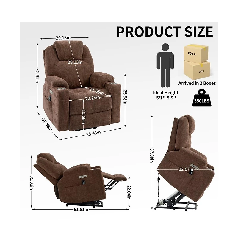 Lift Recliner Chair with Massage, Heat & Usb Charging, Chenille Upholstery, Cup Holders, 350 Lbs Support-Maison Boucle