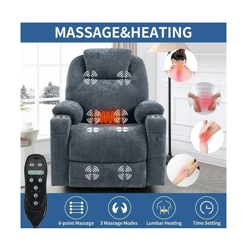 Lift Recliner Chair with Massage, Heat & Usb Charging, Chenille Upholstery, Cup Holders, 350 Lbs Support-Maison Boucle