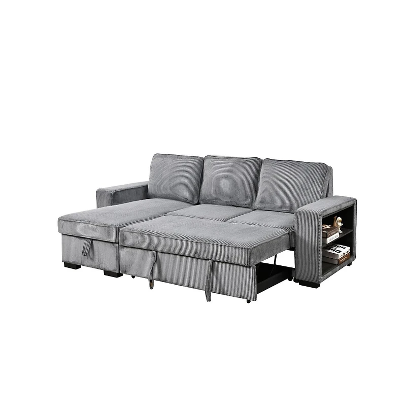 Modern Pull-Out Sofa Bed with Storage Chaise, Usb Charging & Bookshelf Arm, Sleeper Sectional Couch for Small Spaces-Maison Boucle