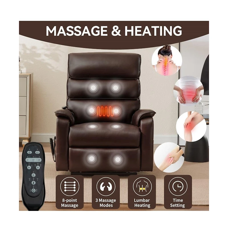 Maison Boucle Dark Brown Faux Leather Power Lift Chair with Heat, Massage & Dual Motor, Heavy Duty Recliner for Elderly with Remote-Maison Boucle