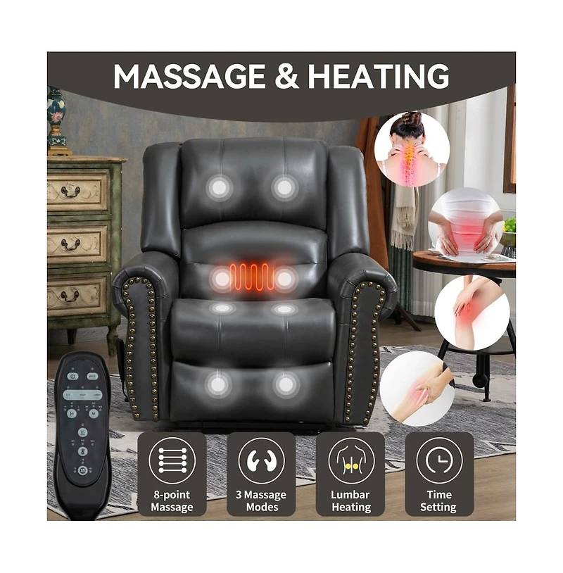 Faux Leather Power Lift Recliner with Massage & Heat, Usb Ports, Dual Motor Infinite Position Electric Chair-Maison Boucle