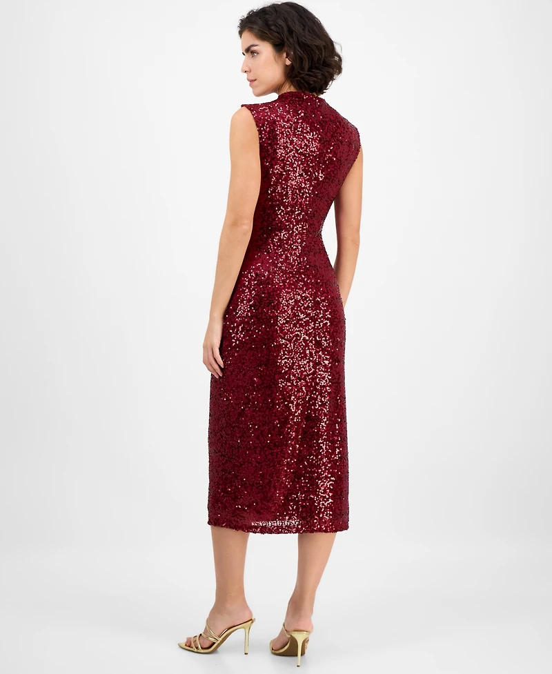 Anne Klein Women's Drape-Neck Sleeveless Sequin Dress