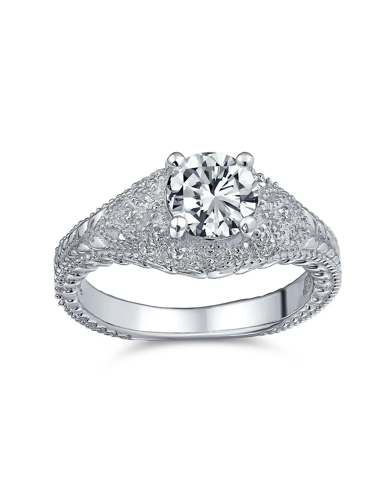 Bling Jewelry Art Deco Style 2CT Round Cubic Zirconia Solitaire Milgrain Setting Cz Pave Promise Ring Sterling Silver