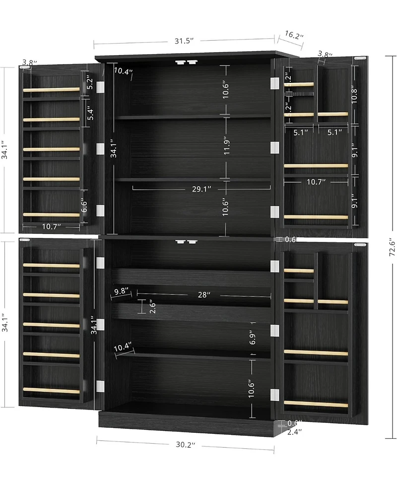 Ironck Kitchen Pantry Storage Cabinet 72.8" H, 4 Barn Doors with Rack, Black