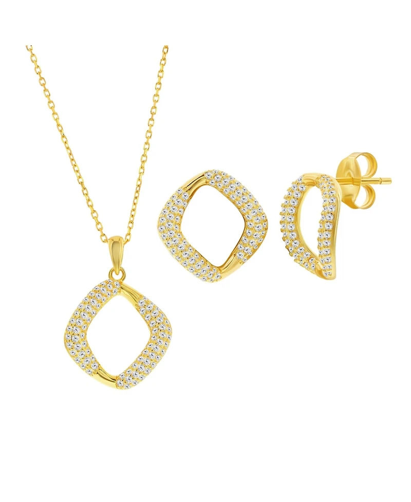 Simona Sterling Silver, Pave Cz Square Necklace & Earrings Set