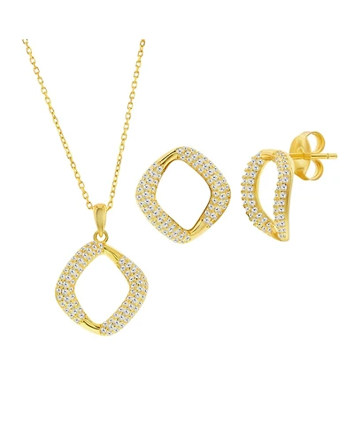 Simona Sterling Silver, Pave Cz Square Necklace & Earrings Set