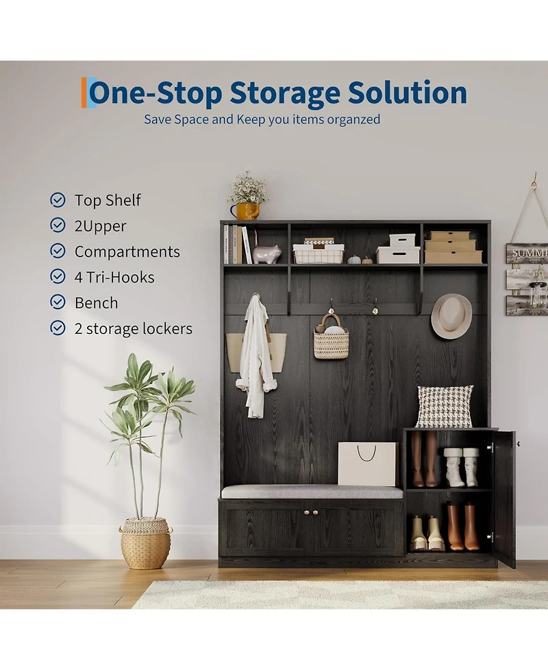 gaomon Hall Tree with Shoe Storage, 78.8" Entryway Bench with Coat Rack, with 4 Shoe Cabinet, 4 Coat Hooks, 3 Top Open Shelves, 5-in-1 Freestandi