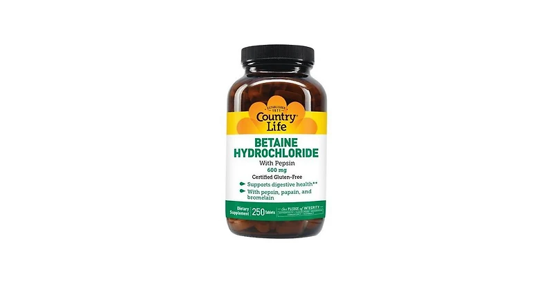 Country Life Betaine Hydrochloride with Pepsin, 600 Mg, 250 Tabs
