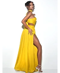 Miss Circle Women Xella Yellow Pleated Chiffon Maxi Dress