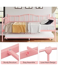 gaomon Metal Daybed with Trundle Bed, Twin Size Day Bed With Premium Metal Frame and Steel Slat Support, Daybed and Roll Out Trundle, Pink