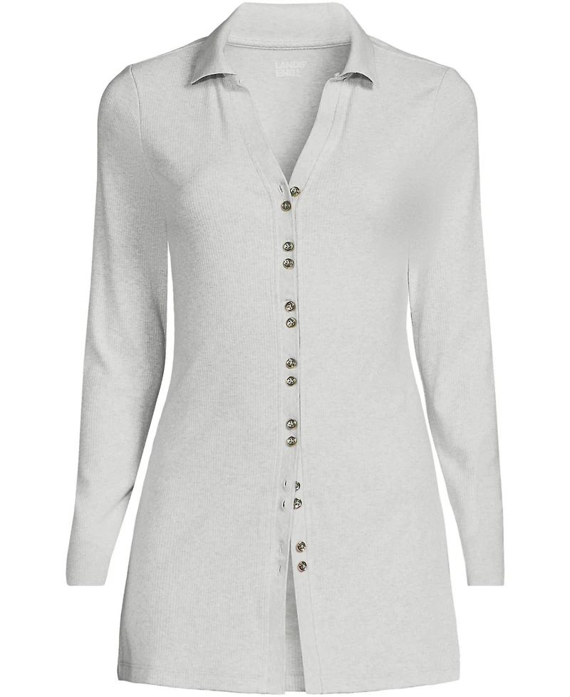 Lands' End Plus Long Sleeve Polished Rib Button Through Tunic Shirt