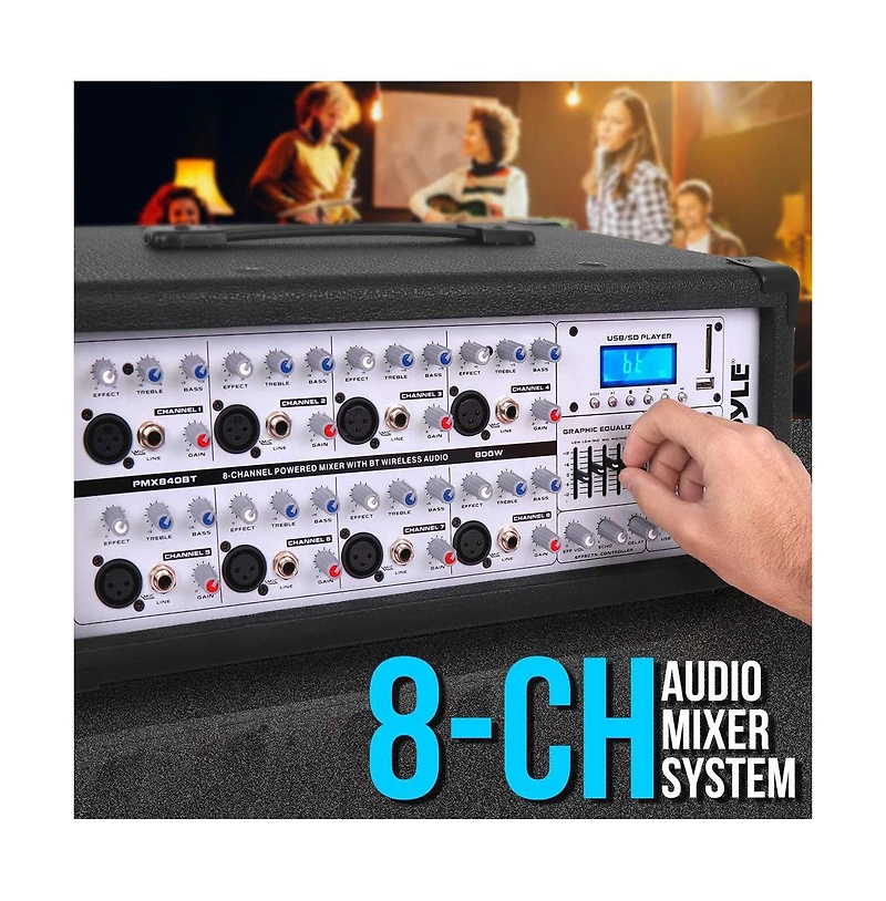 Pyle 8-Channel Bluetooth Stage Powered Mixer - Pro Audio Sound Mixer, MP3/Usb/Sd Readers, Aux(3.5mm) Input, Digital Lcd Display (800 Watt)