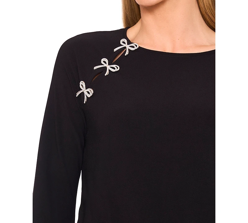 CeCe Women's Imitation Pearl Bow Long-Sleeve Knit Top