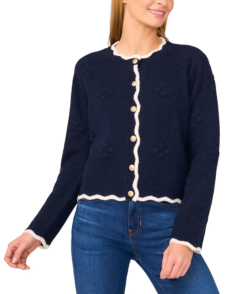 CeCe Women's Scallop Edge Pom Knit Long Sleeves Cardigan