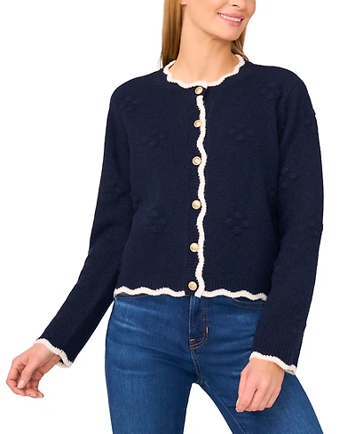 CeCe Women's Scallop Edge Pom Knit Long Sleeves Cardigan