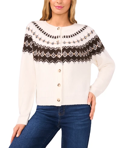 CeCe Women's Fair Isle Raglan Long Sleeves Cardigan