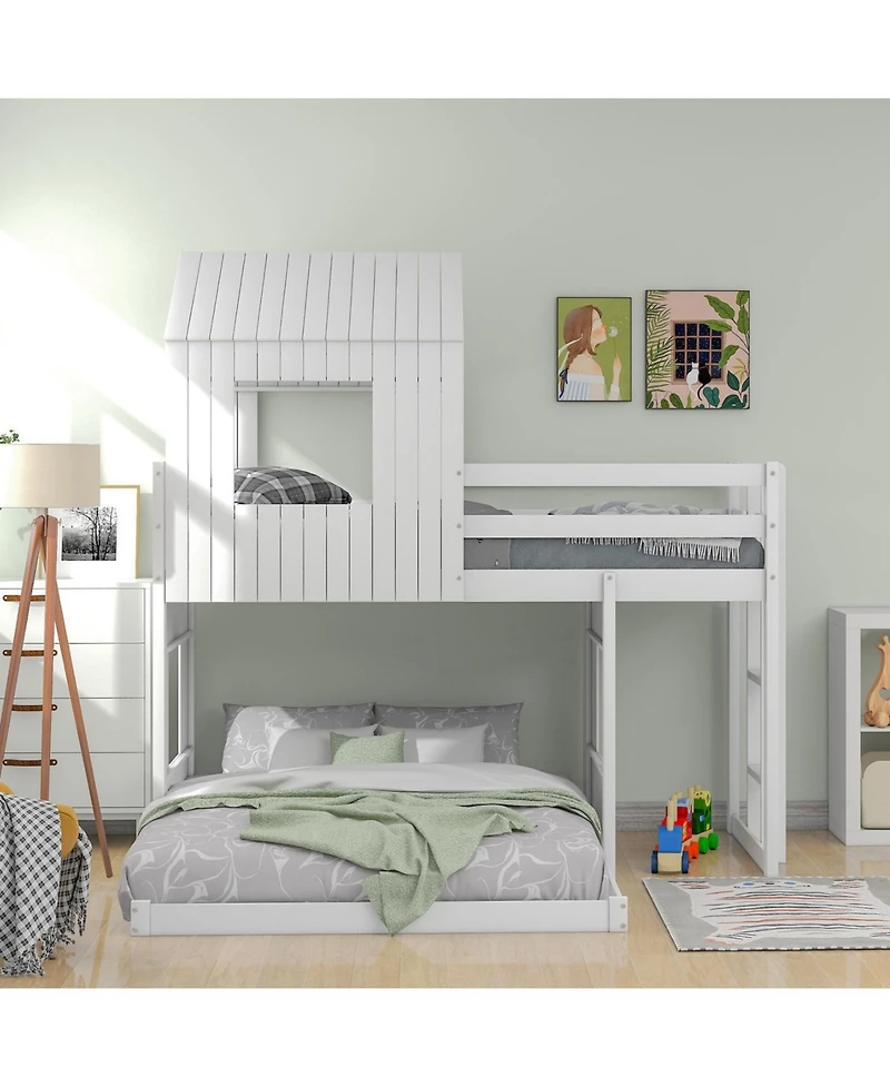 Streamdale Furniture Wooden Twin Over Full Bunk Bed with Playhouse