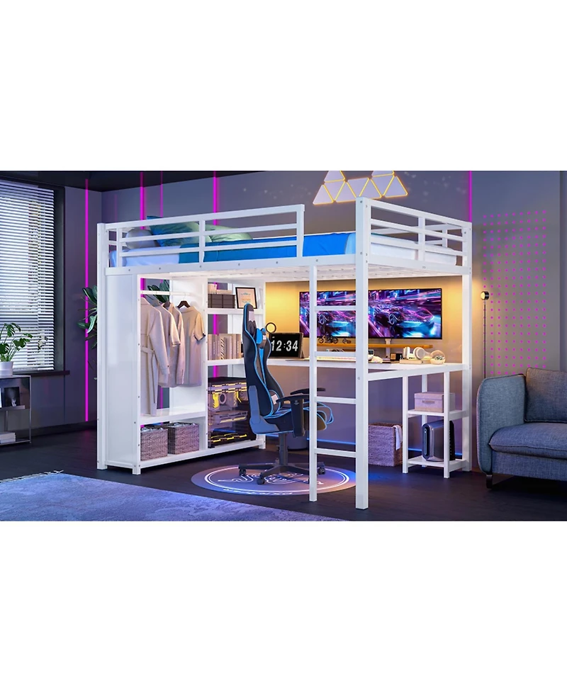 Streamdale Furniture Queen Loft Bed with Wardrobe Desk & Shelves - White